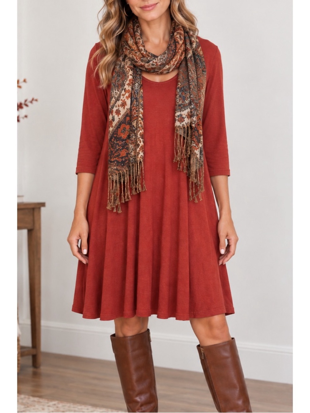 Vanity rust orange swing dress, 3/4 length sleeves, size XL NWT